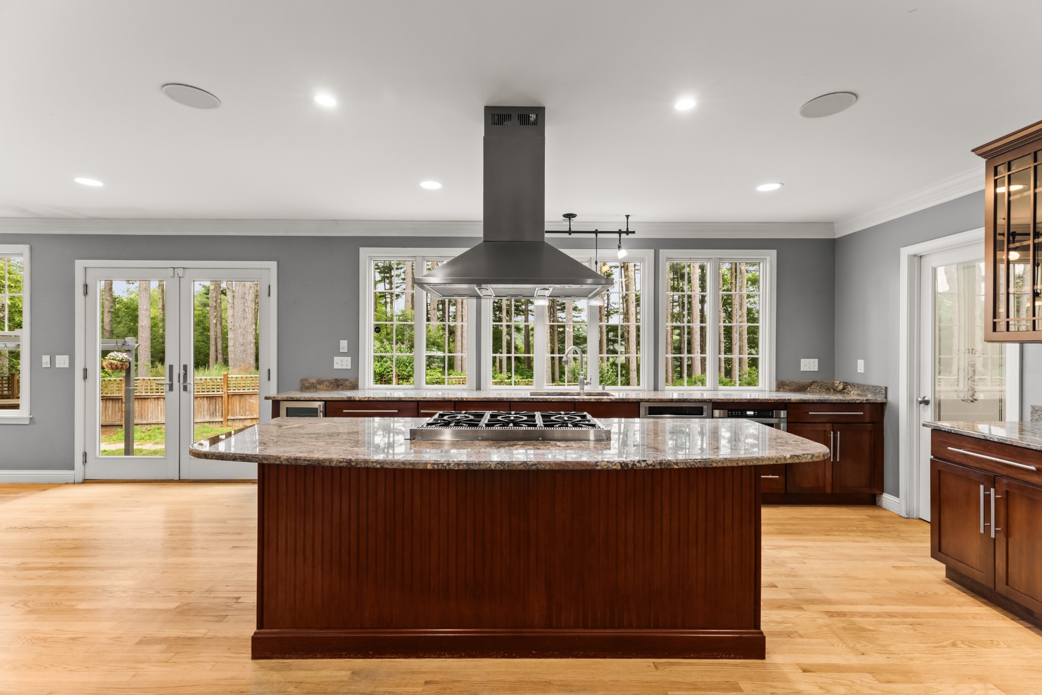 Kitchen facing the wall of windows